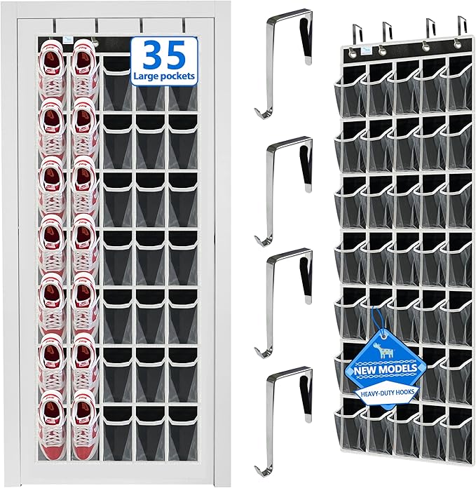 over the door shoe organizer,upgraded,over door shoe organizer,35 Huge clear pockets,Store size 13 shoes,shoe organizer,Strong material,hooks Suitable for various doors,Black