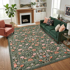 GarveeHome Dark Green Vintage Floral Washable 6x9 Area Rugs for Living Room Boho Botanical Retro Rug Low Pile Stain Resistance Non Slip Carpet for Bedroom Nursery Dining Room