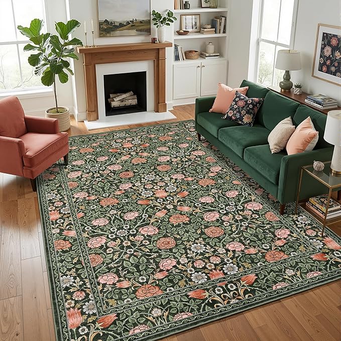 GarveeHome Dark Green Vintage Floral Washable 6x9 Area Rugs for Living Room Boho Botanical Retro Rug Low Pile Stain Resistance Non Slip Carpet for Bedroom Nursery Dining Room