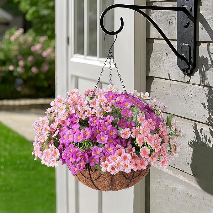 Artificial Flower in Hanging Basket Outdoor Indoor Decoration,Coconut Lining Flowerpot with Faux Plant,Daisy with Eucalyptus Leaves Arrangement for Home Spring Summer Decor(Pink White Purple)