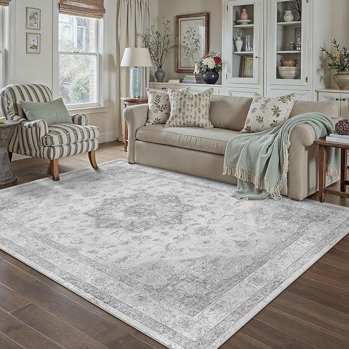 Gray Area Rug 5x8 Washable Living Room Carpet Vintage Non Slip Soft Bedroom Indoor Office Retro Grey Low Pile Thin Oriental Medallion Large Rug for Dining Room Bathroom Kitchen