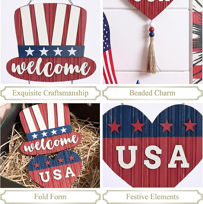 Valery Madelyn 4th of July Wreath, Patriotic Wreath for Front Door, Red White and Blue Top Hat and Heart Wall Signs for Memorial Day Independence Day USA 250th Anniversary, 22 inch