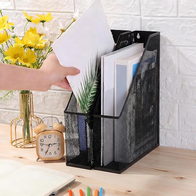 Sliner 2 Pack Metal Magazine Holder Black Mesh Steel Document Rack 1 Section File Organizer Extra Wide Magazine Folder Storage Desk Tidy for Office Home, 12.6”x 9.8”x 3”