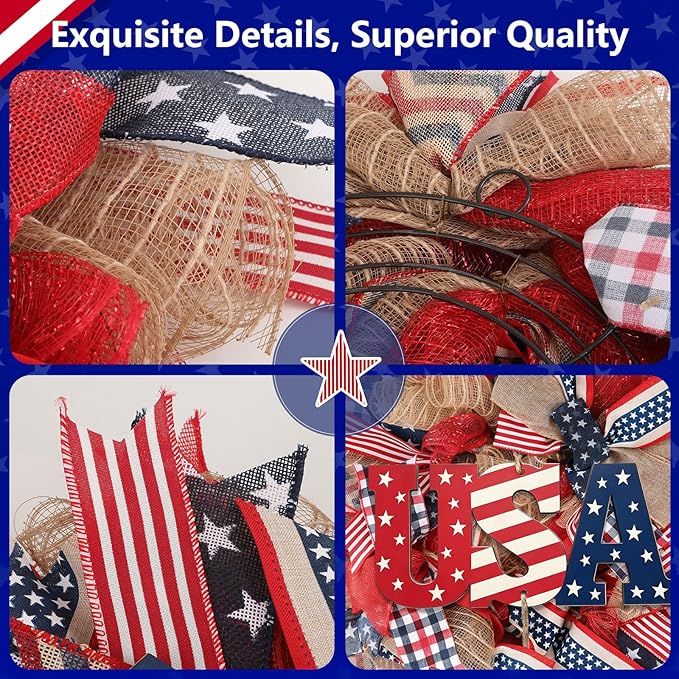 24Inch 4th of July Wreath, Patriotic Burlap Wreath for Front Door,Stripe and Stars Wreaths for USA 250th Anniversary, Memorial Day American Flag Printed Decorations for Outdoor (Wreath-2)