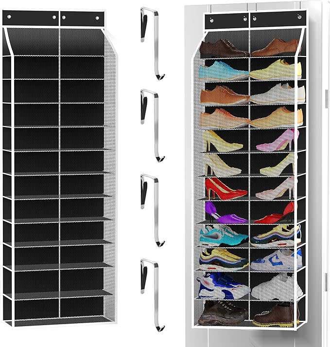 24-Pair Over Door Shoe Organizer for Family & Kids, Double Sided | Hanging Storage for Sneakers, Boots, Toys & Room Organization-Obsidian Black