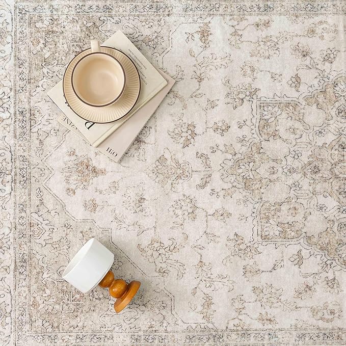 Beige Area Rug 5x7 Washable Vintage Carpet for Living Room Office Soft Retro Low Pile Thin Indoor Rug Non Slip Oriental Medallion Floor Cover for Bedroom Dining Room