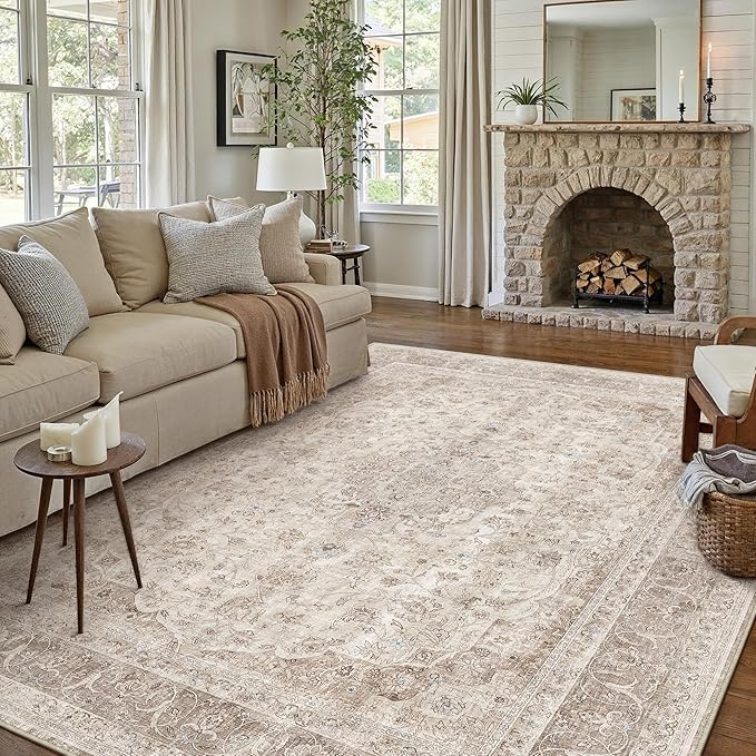 Beige Area Rug 6x9 for Living Room Washable Vintage Carpet Low Pile Non Slip Distressed Soft Traditional Retro Oriental Large Accent Throw Rug Office Bedroom Dining Room Playroom