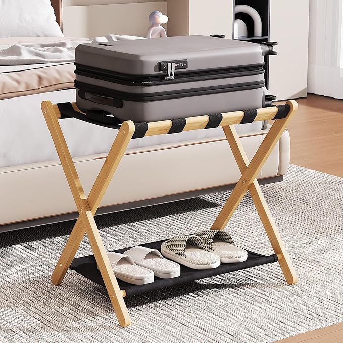 26.77" Full Assembled Luggage Rack for Guest Room, Set of 1 Bamboo Foldable Suitcase Stand, Bedroom & Hotel, Folding Luggage Holder with 5 Nylon Straps, 600D Oxford Fabric Shelf Natural Wood