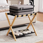 26.77" Full Assembled Luggage Rack for Guest Room, Set of 1 Bamboo Foldable Suitcase Stand, Bedroom & Hotel, Folding Luggage Holder with 5 Nylon Straps, 600D Oxford Fabric Shelf Natural Wood