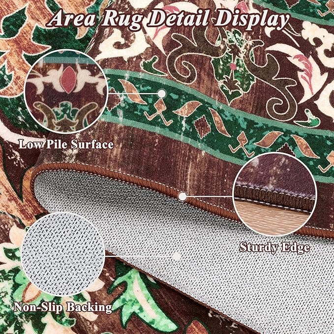 U'Artlines Boho Vintage Area Rug 3x5 Machine Washable Low Pile Ultra-Thin Soft Floor Carpet Non Slip Non Shedding Accent Rug for Living Room Bedroom Entryway Dining Room Office Rust＆Teal