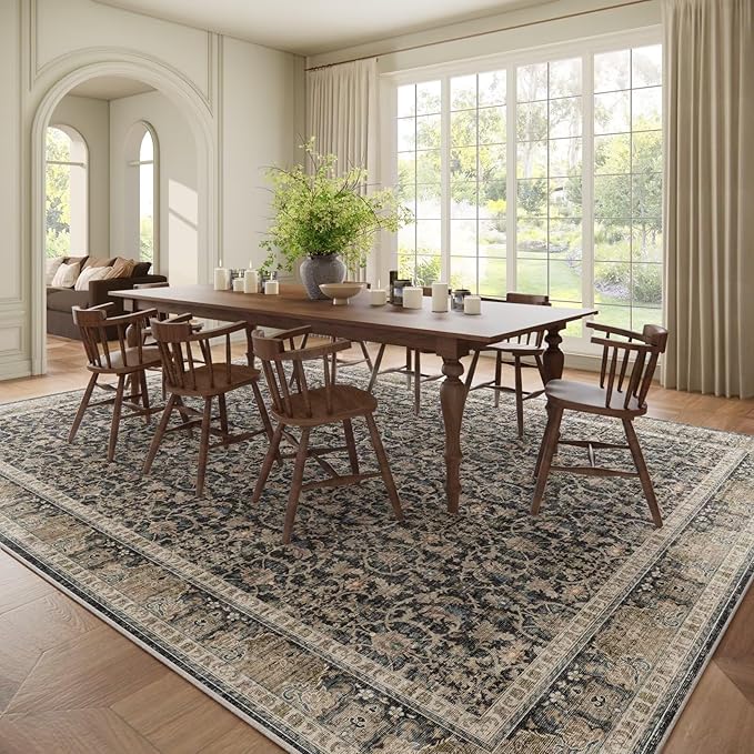 Washable 10x14 Area Rugs for Living Room, Boho Non-Slip Vintage Distress Large Rugs for Bedroom Dining Room Office, 0.3" Neutral Oriental Throw Thin Carpet, Black/Brown/Blue/Multi