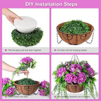 Artificial Flowers in Hanging Basket Planter for Home Spring Summer Decoration, Silk Hydrangea Outdoor Indoor Arrangements, 12" Metal Coconut Lining Basket with Faux Plant(Purple)