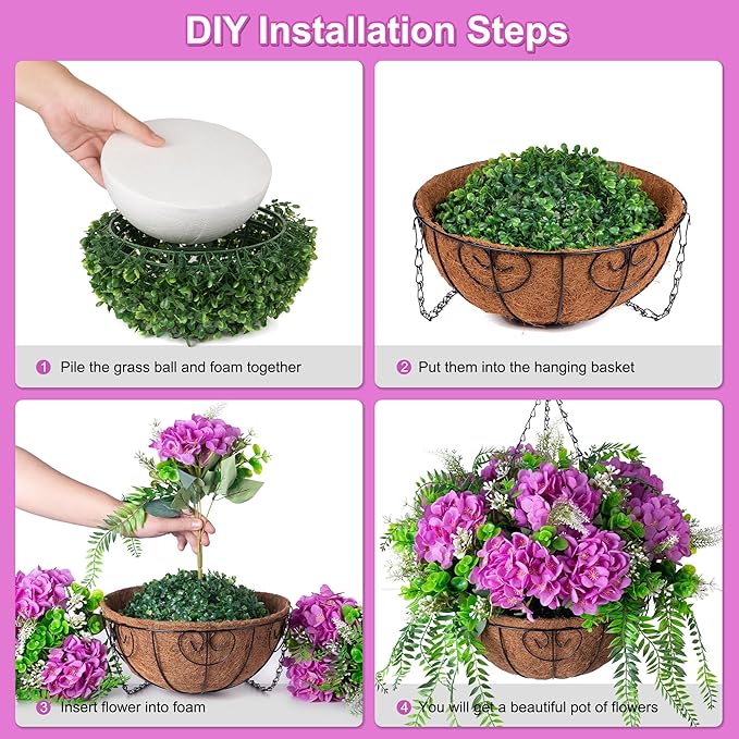 Artificial Flowers in Hanging Basket Planter for Home Spring Summer Decoration, Silk Hydrangea Outdoor Indoor Arrangements, 12" Metal Coconut Lining Basket with Faux Plant(Purple)