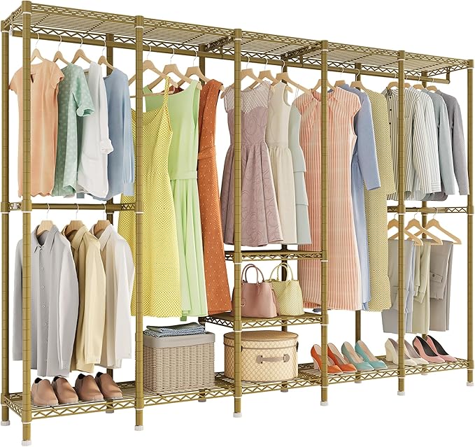 H5 Large Wire Garment Rack, Heavy Duty Clothes Racks, Wardrobe Closet Rack for Hanging Clothes, Freestanding Clothing Racks with Adjustable Shelf, 93.3" Wx15.7 Dx75.4 H, Gold, Load 1400 lbs