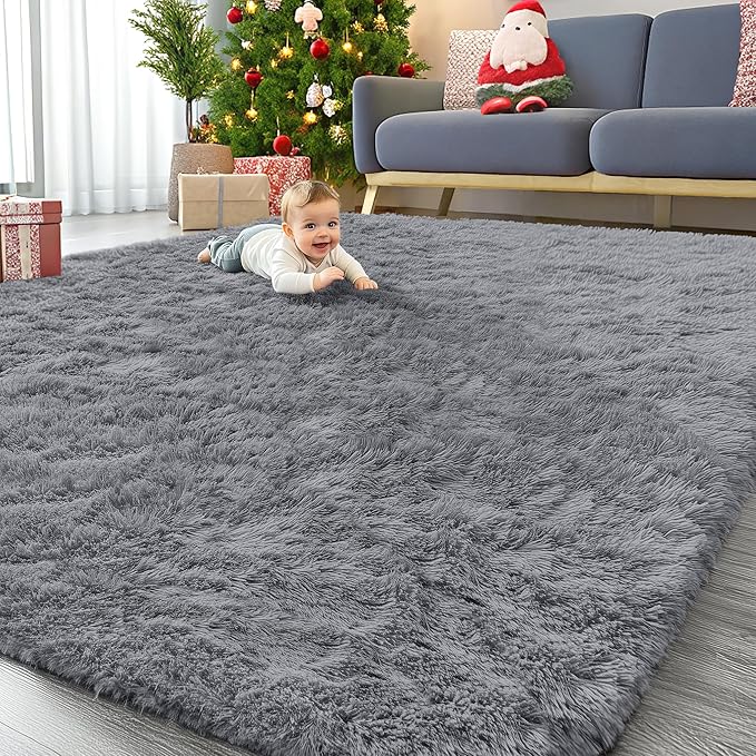 OLANLY 8x8 Machine Washable Large Area Rugs for Living Room, Bedroom, Soft Fluffy Shaggy Bedside Rug, Indoor Floor Carpet for Kids Girls and Boys, Dorms, Nursery, Home Decor Aesthetic, Light Grey