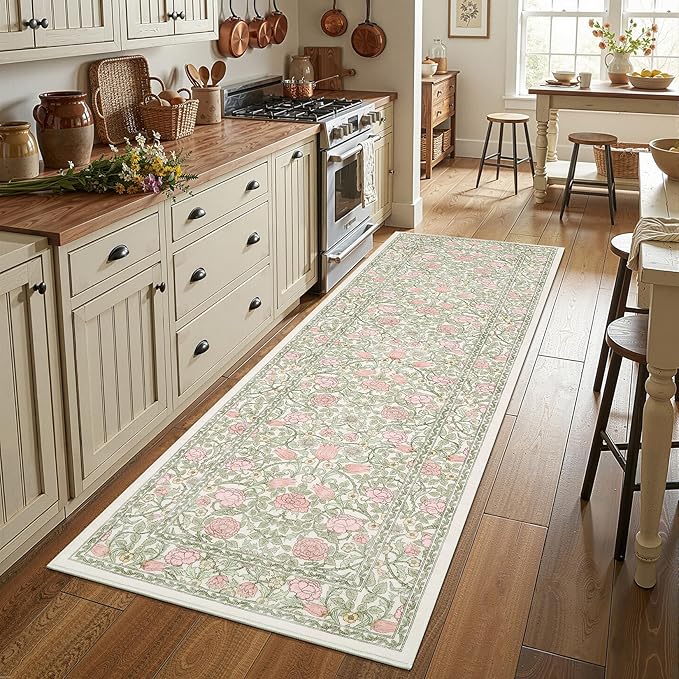 GarveeHome Pink and Green Vintage Floral 2x6 Runner Rug Washable Kitchen Rugs Non Slip Boho Long Rug for Hallways Bedroom Entryway Bathroom Mat with Rubber Back Beige