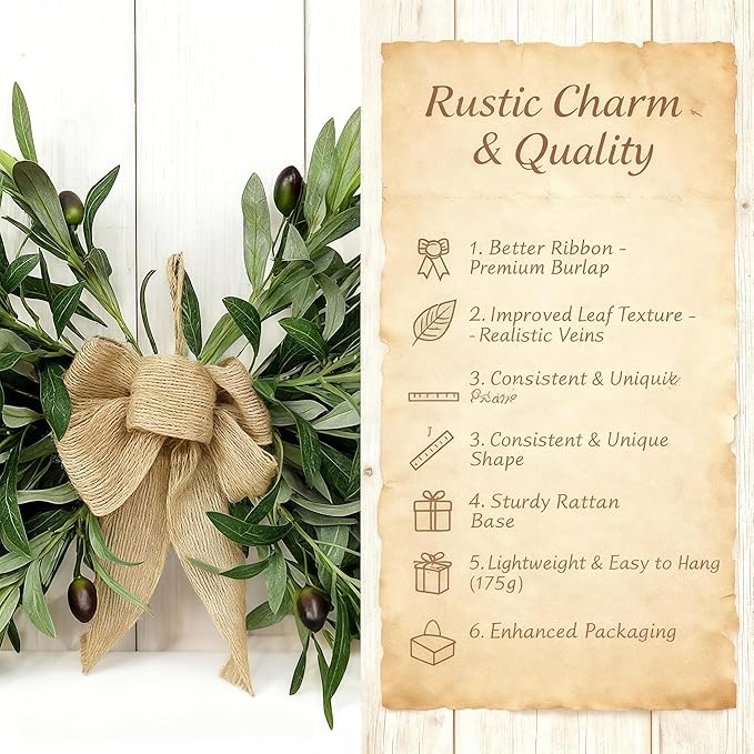26" Farmhouse Olive Leaf Greenery Swag with Premium Burlap Bow Realistic Faux Olive Branch Door Decor for Front Door, Wall, Mantel, Table, Kitchen, Bathroom, Weddings & Seasonal Styling (Green 1Pcs)