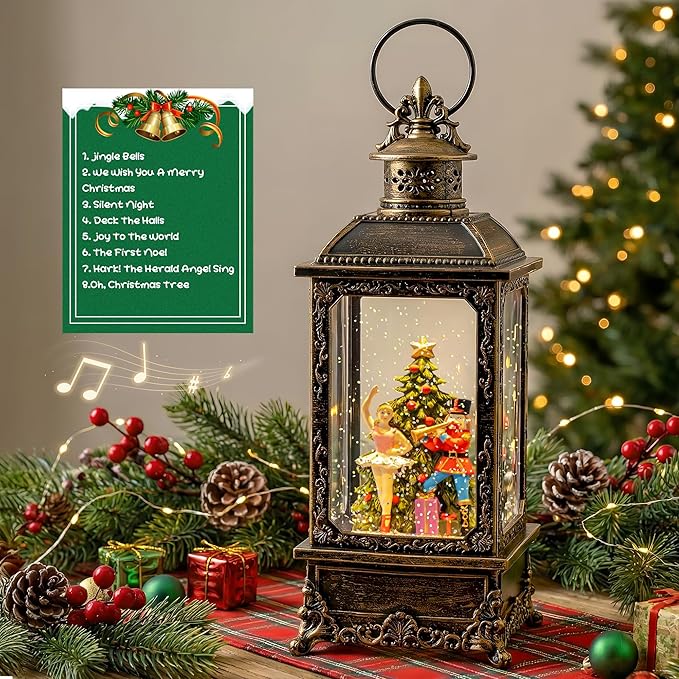 Christmas Snow Globe Lantern Water Glittering Nutcracker Ballerina with Music & Timer, USB Lined/Battery Operated Lighted Lantern for Christmas Festival Decoration Gifts