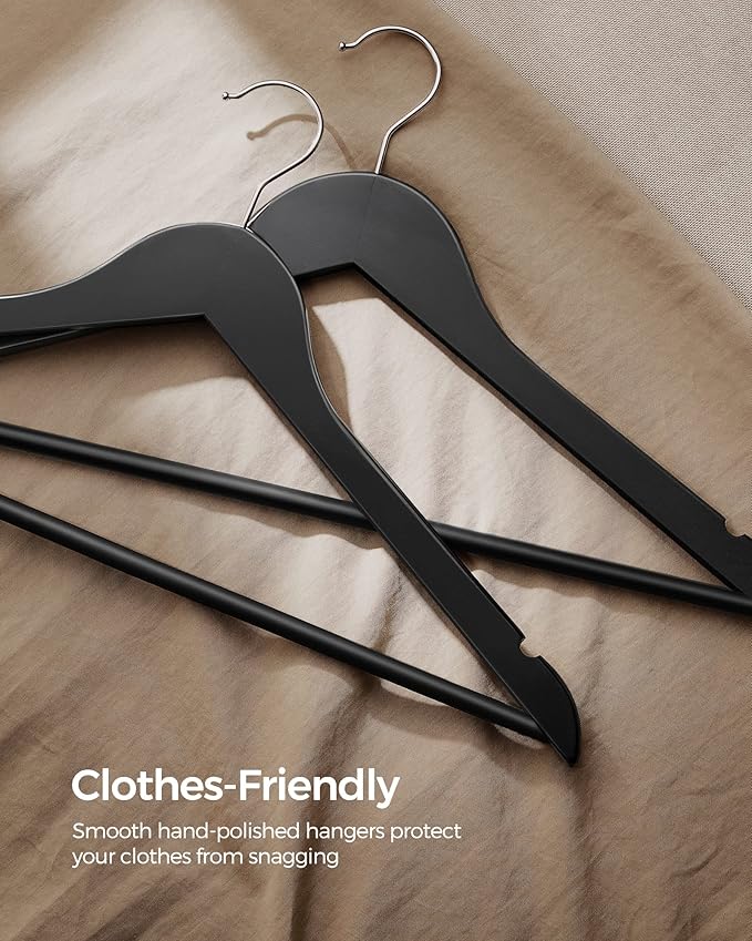SONGMICS Wooden Hangers, 20-Pack Wood Coat Hangers with Shoulder Notches, Swivel Hook, Non-Slip for Jackets, Shirts, Suits, Black and Silver UCRW02B-20