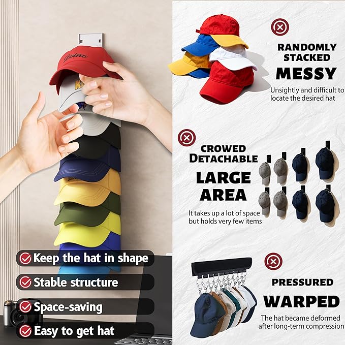 Hat Organizer Hold up to 10 Hats, Hat Rack for Wall with Strong Adhesive, Hat Organizer for Baseball Caps Display for Door Closet, Hat Hanger Holder Storage Multilayer Two Mounting Option(White)