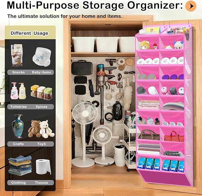 10-Tier Over the Door Shoe Organizer, 20 Pockets Holds 20-30 Pairs, Heavy-Duty Oxford Fabric with Hexagon Mesh for Boots & Sneakers- Pink