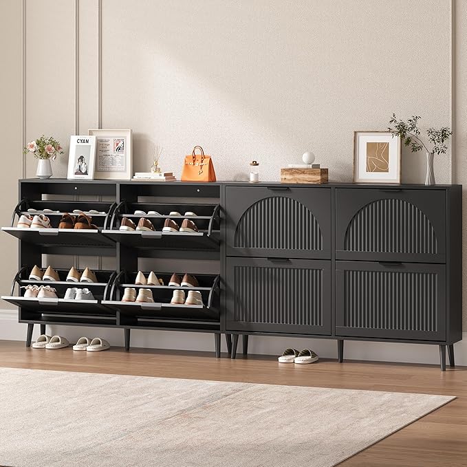 Shoe Cabinet for Entryway with 4 Flip Drawers, Slim Wooden Shoe Storage Organizer with Modern Fluted Pannel，Freestanding Narrow Hidden Shoe Rack for Hallway, Foyer, Living Room