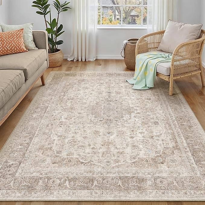 Beige Area Rug 5x7 for Living Room Washable Vintage Carpet Low Pile Non Slip Distressed Soft Traditional Retro Oriental Large Accent Throw Rug Office Kitchen Bedroom Bathroom Dining Room