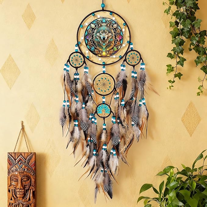 Wolf Dream Catchers,Large Dream Catcher for Bedroom Adult,Dreamcatcher for Wall Hangings,Teen Dorm Room Decor Festival Gift,Decor for Office, Room, Home (Wolf Dream Catchers)