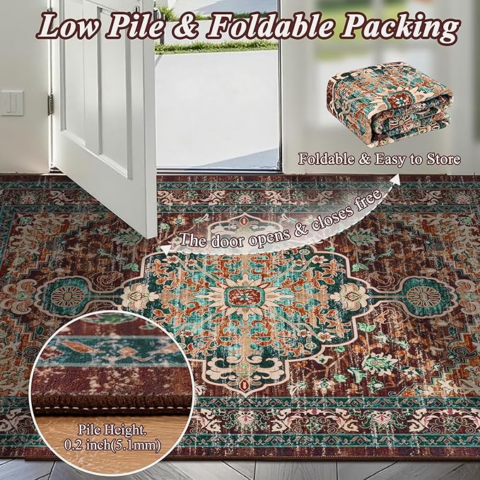U'Artlines Boho Vintage Area Rug 3x5 Machine Washable Low Pile Ultra-Thin Soft Floor Carpet Non Slip Non Shedding Accent Rug for Living Room Bedroom Entryway Dining Room Office Rust＆Teal