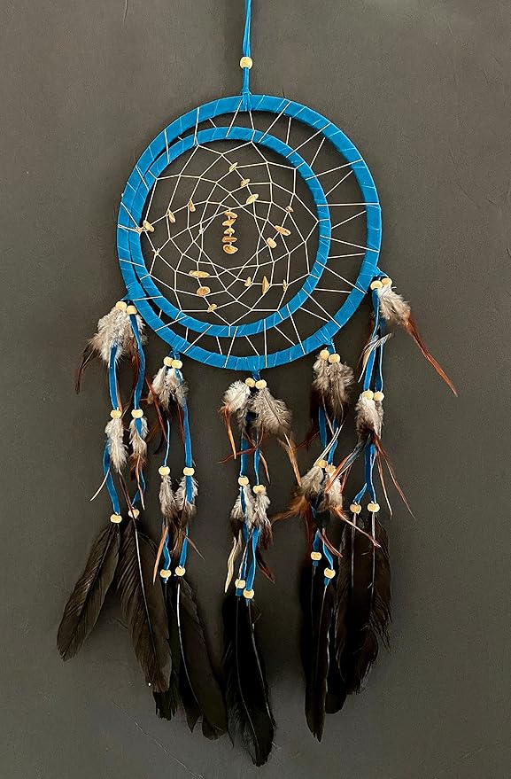OMA Dream Catcher Wall Hanging, Turquoise Blue Suede Dream Catcher with Tiger Eye Stone and Feathers, Traditional Dreamcatcher Boho Home Decor, Double Ring- Large Size - 28" Long x 9" Diameter