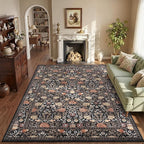 GarveeHome Brown Vintage Floral Washable 6x9 Area Rugs for Living Room Black Boho Botanical Retro Rug Low Pile Non Slip Carpet for Bedroom Nursery Dining Room