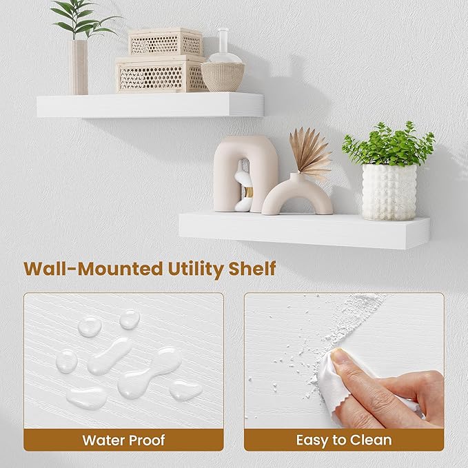 Fun Memories Floating Shelves Bathroom for Wall Mounted Shelves, 20 Inch Wood Shelf Set of 2, Home Storage & Display Decor, White