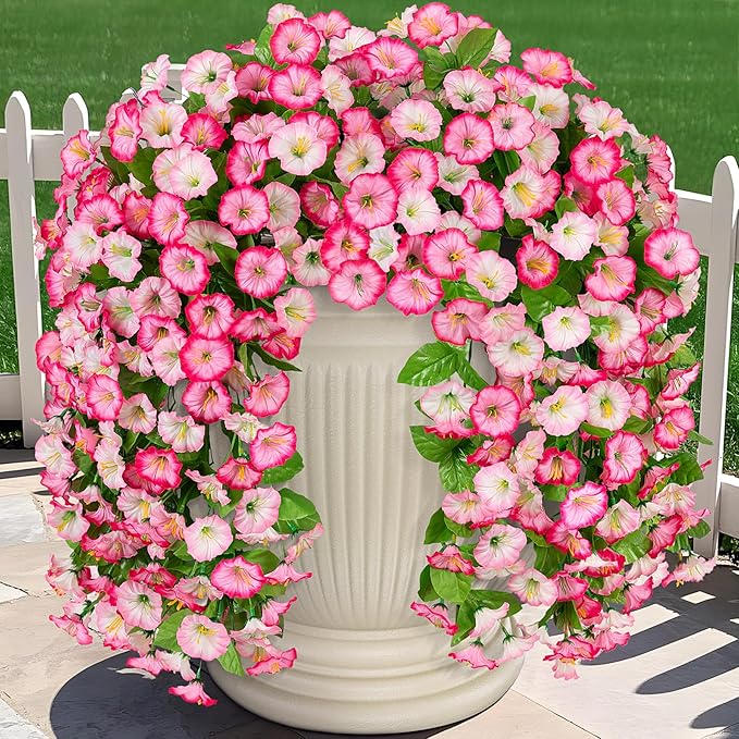 Artificial Flowers with Hanging Basket, Outdoor Faux Plants Silk Morning Glory Vines, Fake Green Arrangement for Garden Patio Spring Summer Decor (Pink)