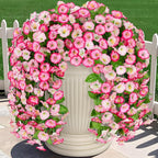 Artificial Fake Hanging Flowers Plants for Outdoor Decoration, 2PCS Faux Silk Morning Glory Long Vines Stems UV Resistant Look Real for Spring Summer Outside Home Porch Patio, Pink