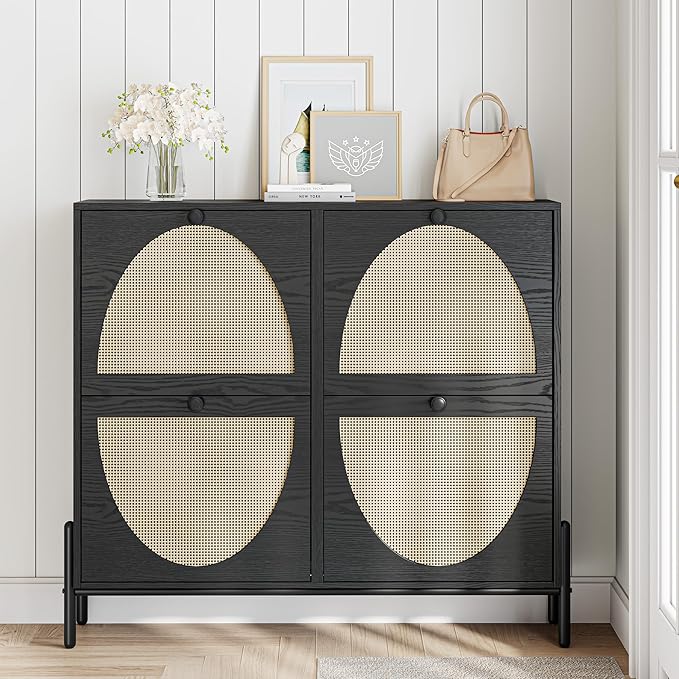 IRONCK Rattan Shoe Cabinet Storage with 4 Flip Drawers, Freestanding Shoe Storage Organizer Cabinet for Entryway, Narrow Shoe Rack Cabinet, Matte Black