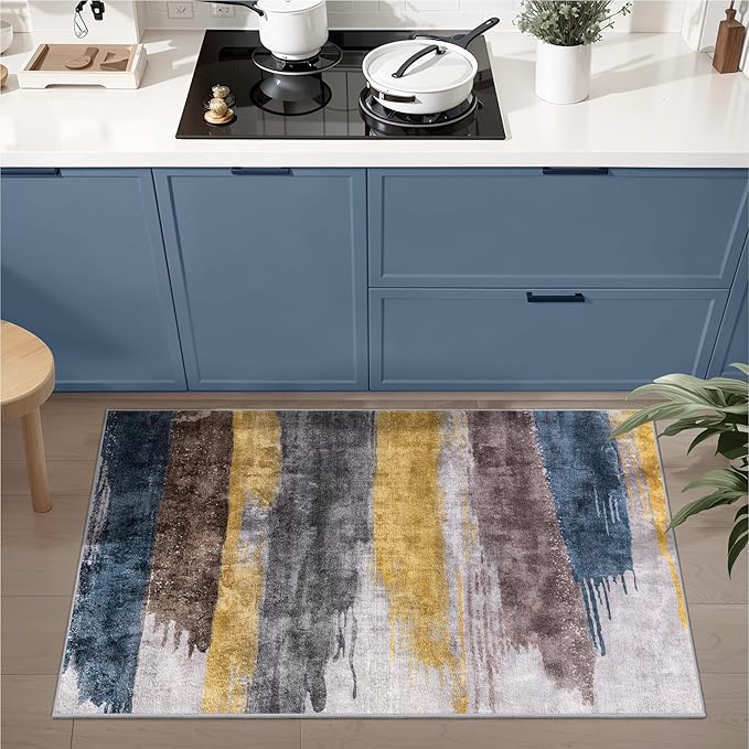 Ciicool Modern Abstract Area Rug 2x3 Washable Small Entryway Rugs, Non-Slip Low Pile Throw Rug, Foldable Kitchen Bathroom Rugs, Yellow Grey Blue Floor Carpet for Entrance Bedroom Indoor Doormat