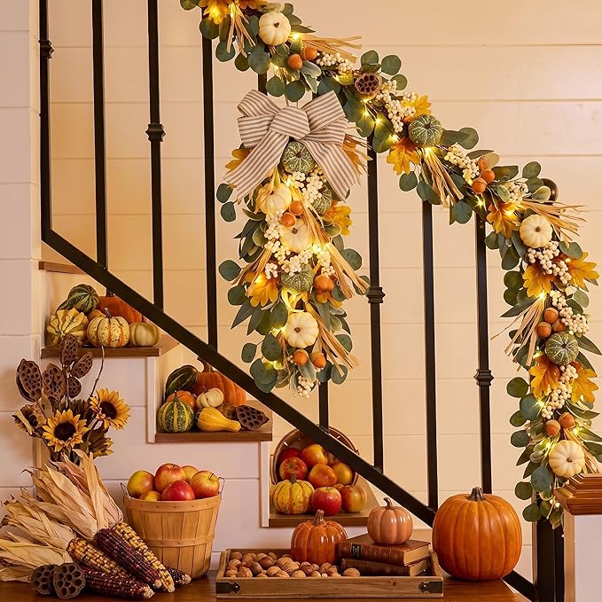 Valery Madelyn 24 inch Fall Pumpkin Teardrop Swag Autumn Harvest Door Hanger with Green & White Mini Pumpkins, Eucalyptus, Raffia, Berries and Striped Bow for Front Door Thanksgiving Table Centerpiece