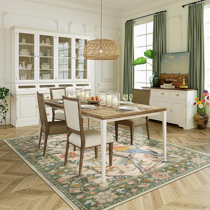 Lahome Botanical Birds Washable Green Rugs for Living Room, 8x10 Dining Room Rugs for Under Table, Large Vintage Indoor Floor Carpet for Bedroom Home Office (8x10ft,Green)
