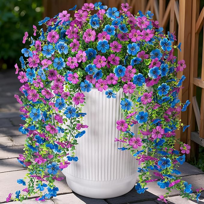 Artificial Flowers for Outdoors Home Decor, 2 Packs Faux Daisy Silk Flower Realistic Fake Plants for Front Porch Courtyard Outside Hanging Floral Spring Summer Fake Planter Decoration (Purple Blue)