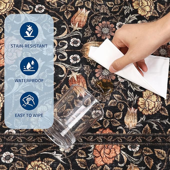 GarveeHome Brown Vintage Floral 2x6 Runner Rug Washable Kitchen Rugs Non Slip Black Boho Long Rug for Hallways Bedroom Entryway Bathroom Mat with Rubber Back