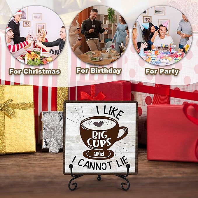 Coffee Bar Decoration, Coffee Decor Sign, I Like Big Cups, Farmhouse Home Kitchen Wooden Plaque with Iron Stand, Coffee Station Decor for Coffee Coner-A10