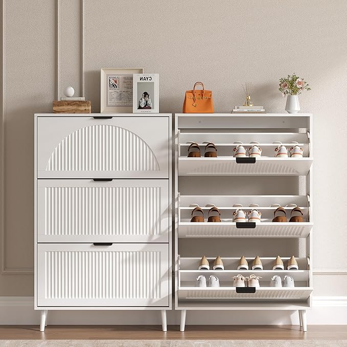 Shoe Cabinet for Entryway with 3 Flip Drawers, Slim Wooden Shoe Storage Organizer with Modern Fluted Pannel，Freestanding Narrow Hidden Shoe Rack for Hallway, Foyer, Living Room