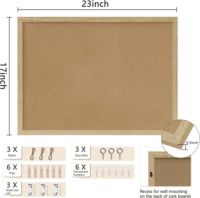 DAHAPYBOO Cork Board Bulletin Board,23x17 Cork Board for Office with Pin Oak Wood Boards,Message Board or Vision Board Decoration.Board Wood 1Pack