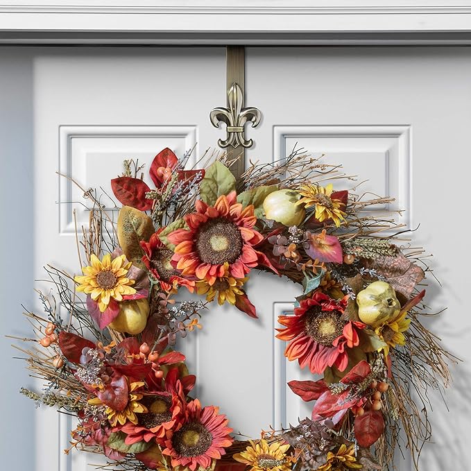 Haute Decor Adapt Adjustable Length Wreath Hanger with Interchangeable Icons (Antique Brass-Sun/Snowflake/Butterfly/Fleur de lis) - 4 Door Wreath Hangers in 1