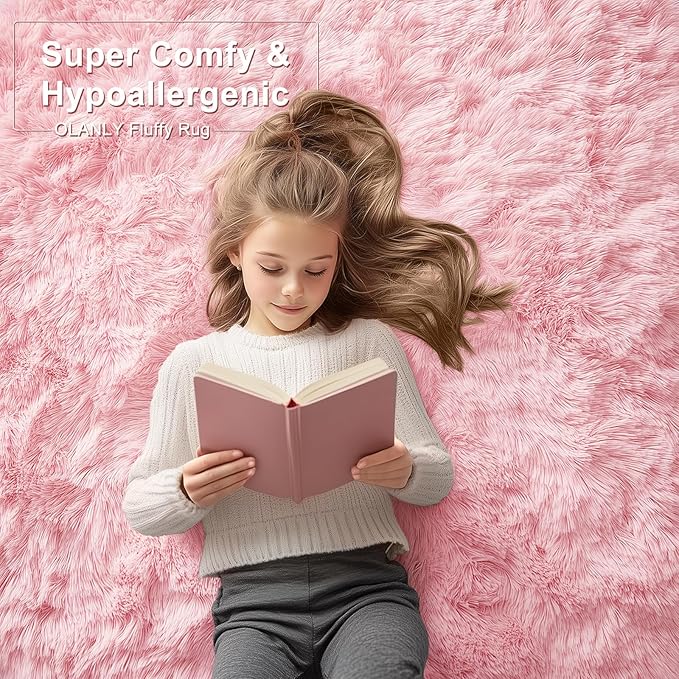 OLANLY 2x8 Machine Washable Runner Rugs for Hallway, Soft Fluffy Shaggy Bedside Rugs for Bedroom, Living Room, Indoor Floor Carpet for Kids Girls and Boys, Nursery Rooms, Home Decor Aesthetic, Pink