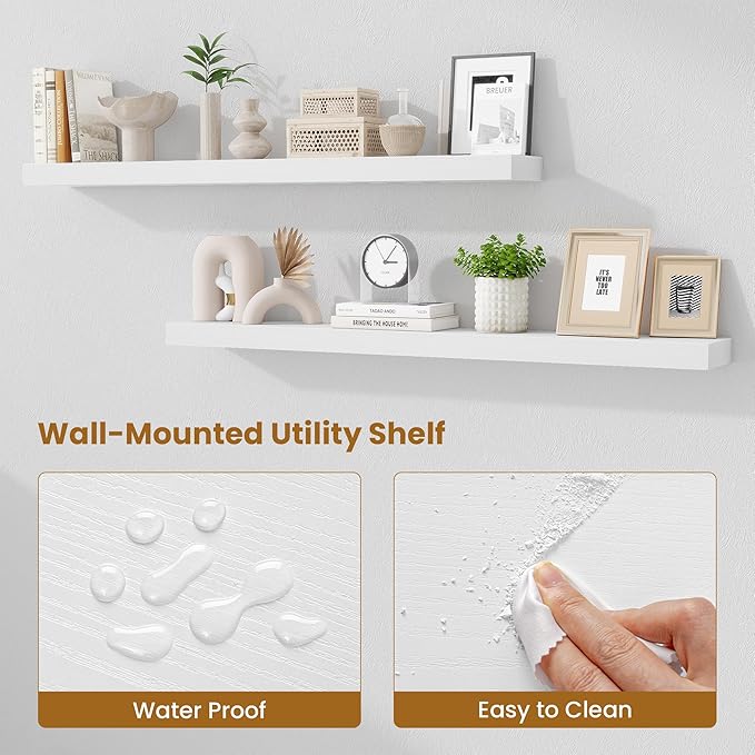 Fun Memories Floating Shelves 48 Inch, Extra Large Wood Shelf Set of 2, Hanging Wall Shelves for Bathroom, Living Room, Kitchen, Bedroom, White