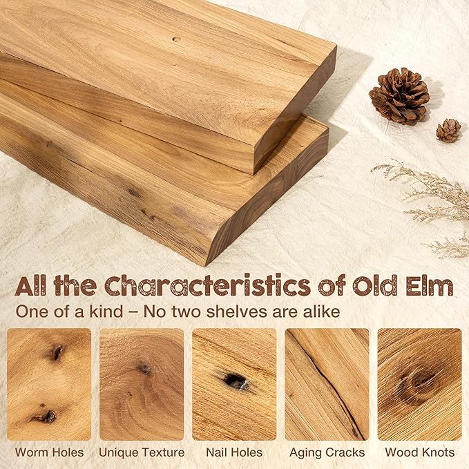 fuqing Floating Shelves for Wall, 24 inch Rustic Solid Elm Wood Floating Shelves, Wooden Wall Shelves with Invisible Heavy Duty Brackets for Living Room, Bedroom, Kitchen, Bathroom, 2 Pack, Natural