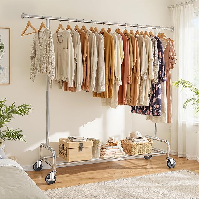 Raybee 76''W Clothes Rack, Heavy Duty Clothing Rack Load 450 LBS, Lockable Wheels & Adjustable Height, Garment Rack for Bedroom, Laundry Room, Closet