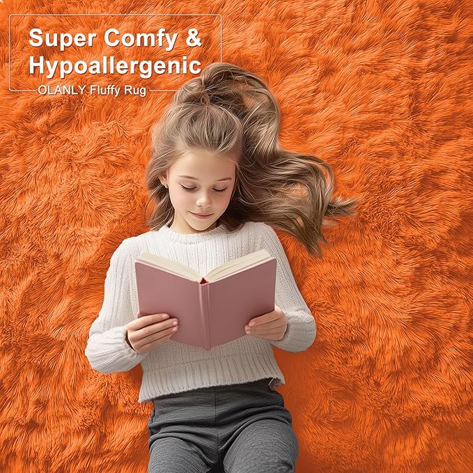 OLANLY 6x9 Machine Washable Large Area Rugs for Living Room, Bedroom, Soft Fluffy Shaggy Bedside Rug, Indoor Floor Carpet for Kids Girls and Boys, Dorms, Nursery, Home Decor Aesthetic, Orange