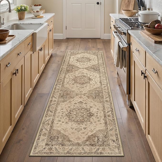 Brown Runner Rug 2x8 Washable Vintage Long Carpet for Hallway Kitchen Soft Retro Low Pile Thin Indoor Runner Non Slip Oriental Medallion Throw Rug for Bathroom Bedroom Laundry Dining Room